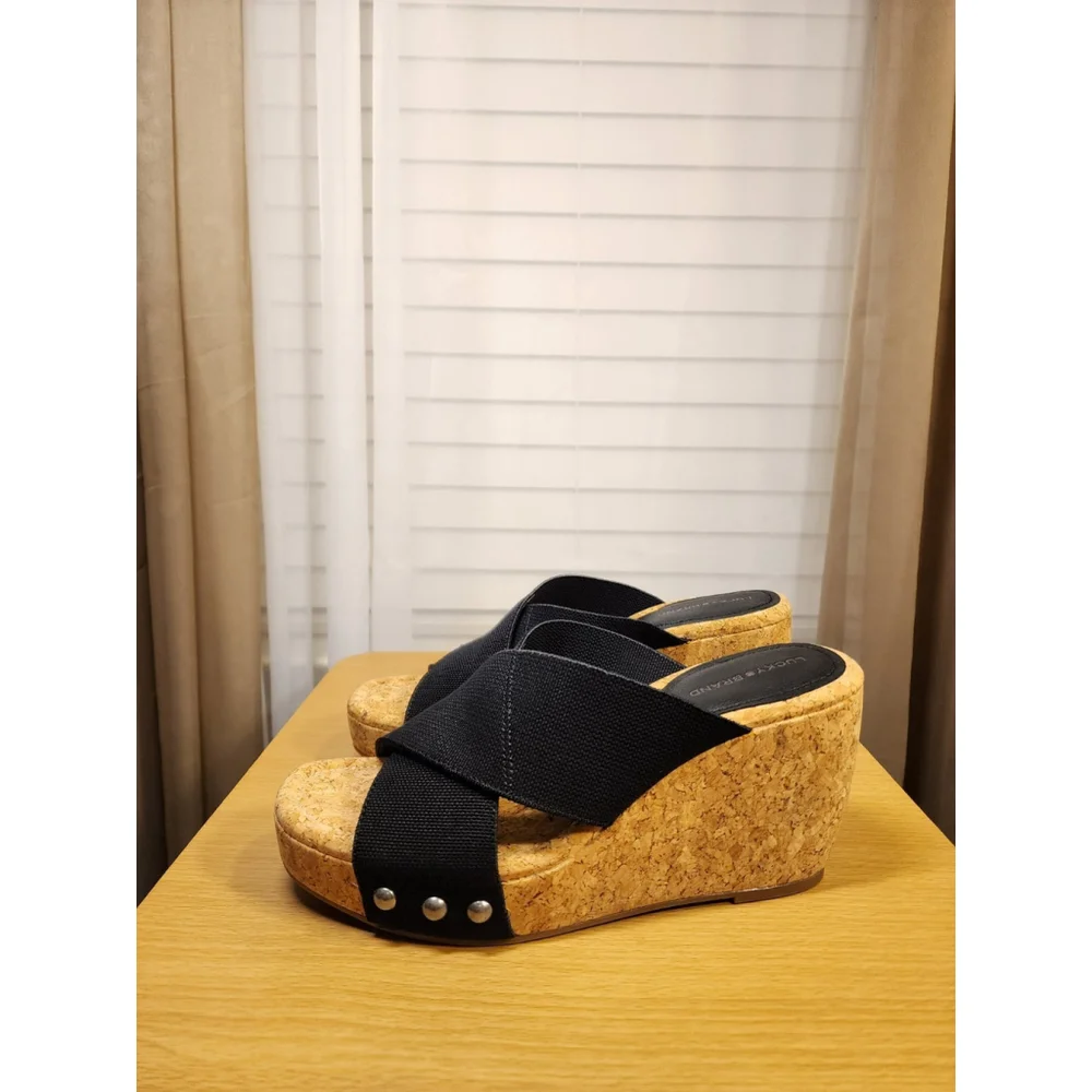 Lucky Brand Studded Criss-cross Cork Platform Wedge Slip On Sandals - 10 M BLACK